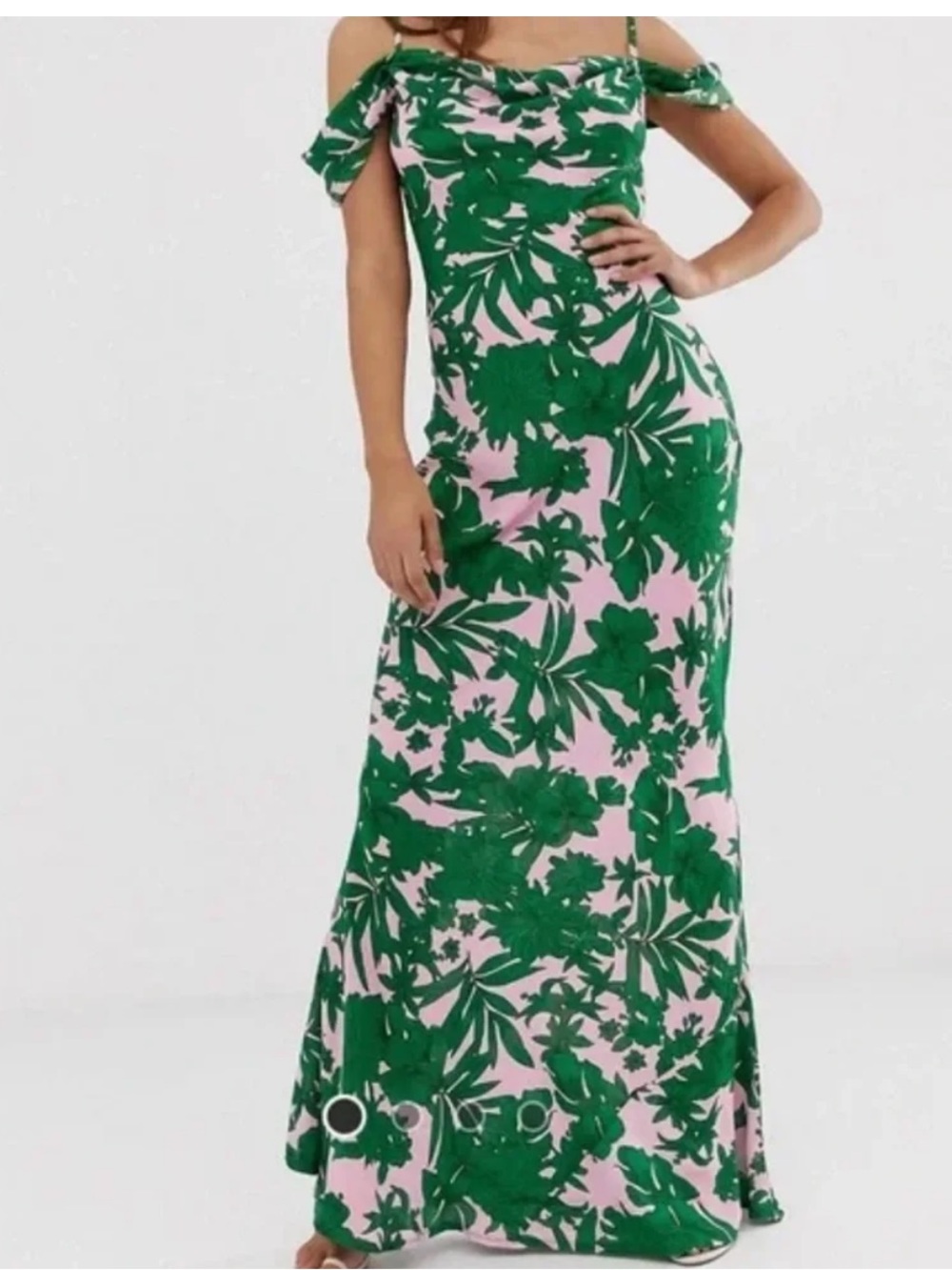 NWT Club London Pink Maxi Dress with Green Floral Print and Spaghetti Straps